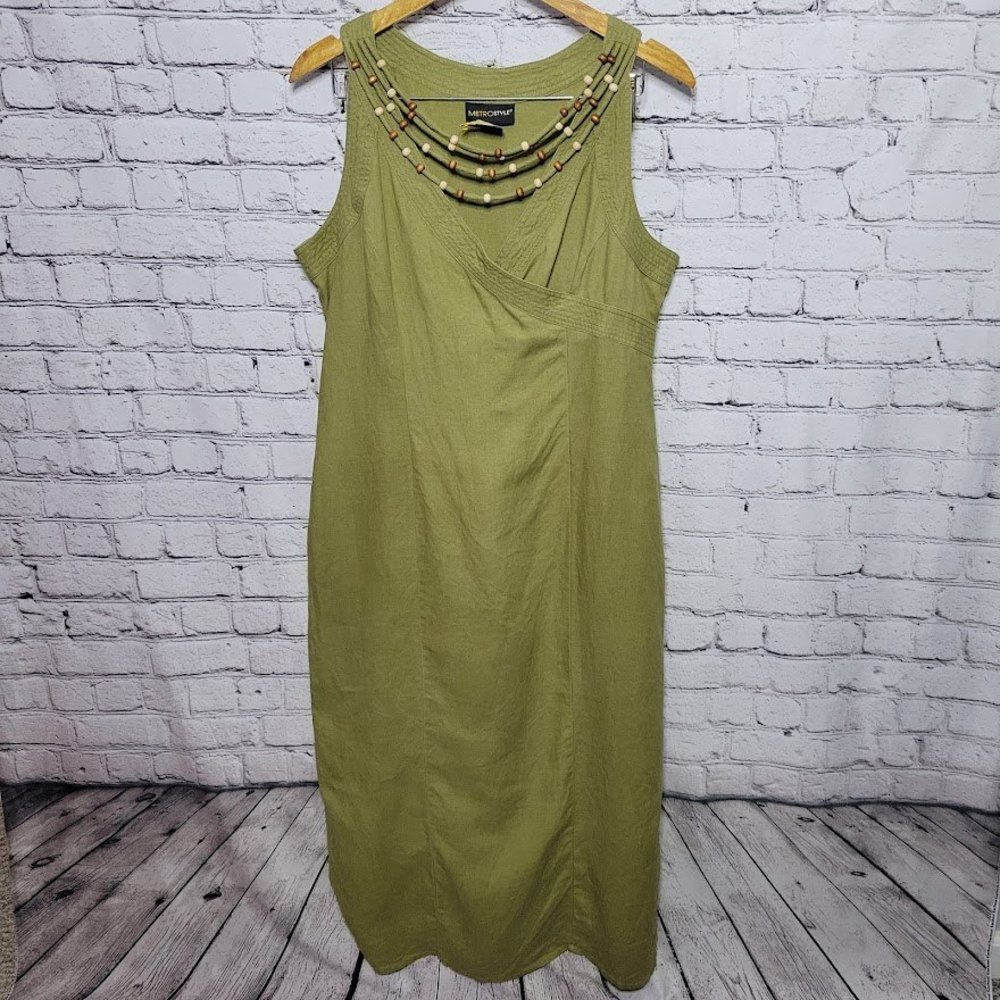 Metro Style 90's 100% Linen Olive Green Dress, Built in Beaded Necklace Size 14